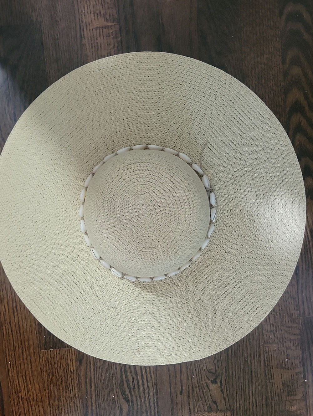 Wide Brim Straw Sun Hat with Shell Trim - Cream
